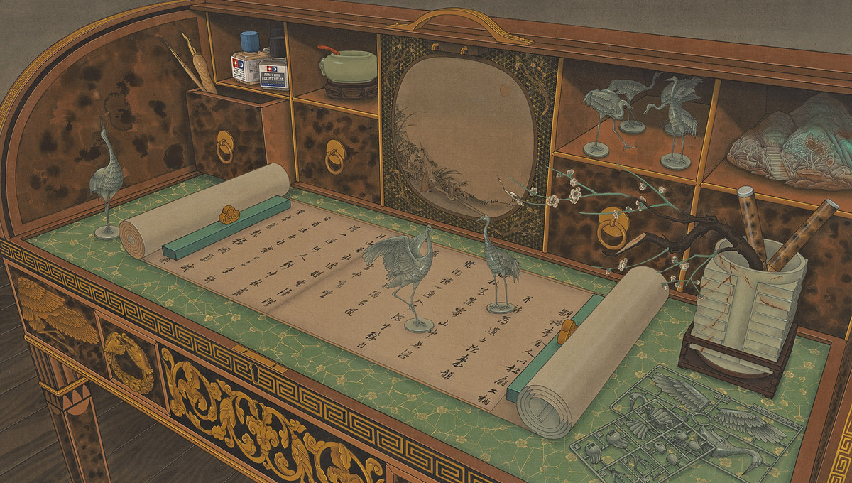 王赫 ，《林和靖的书桌》，2024年 绢本设色，50×90 cm，©王赫，艺术家和蜂巢当代艺术中心 惠允